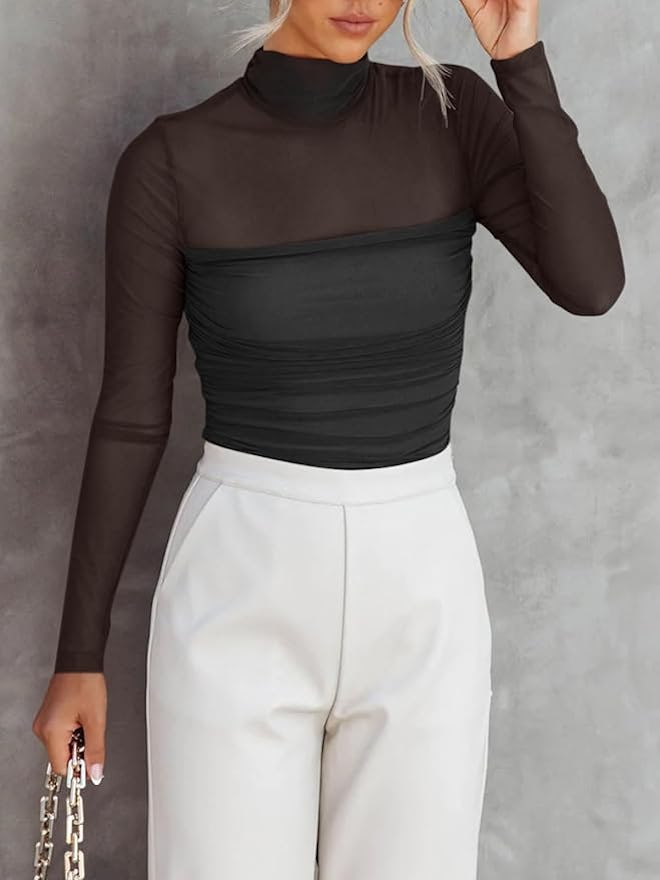 REORIA Sheer Mock-Neck Bodysuit